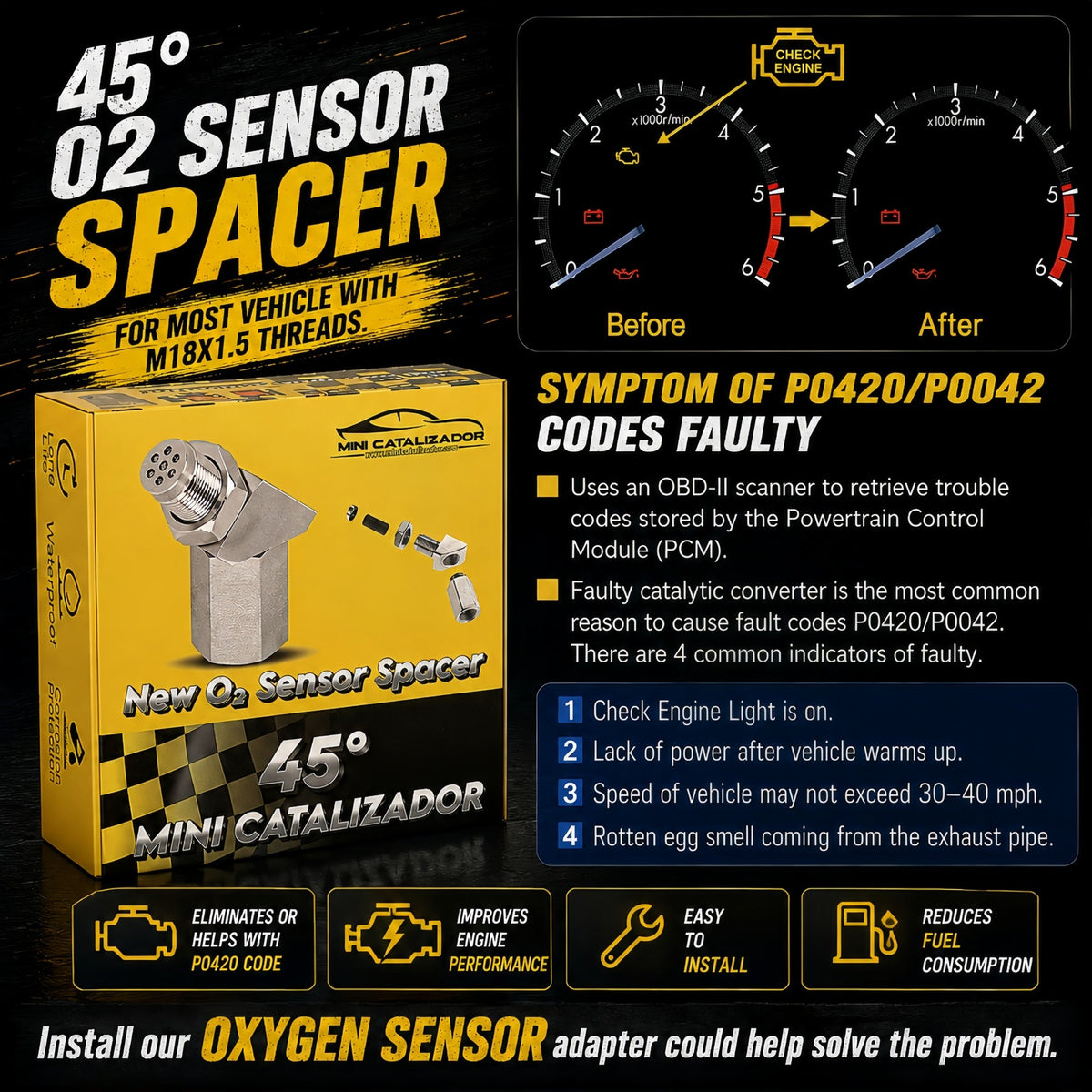 Mini Catalizador O2 Sensor Spacer CEL FIX P0420/P0042/P0430 Code Universal (45 Degree) - Mini Catalizador®