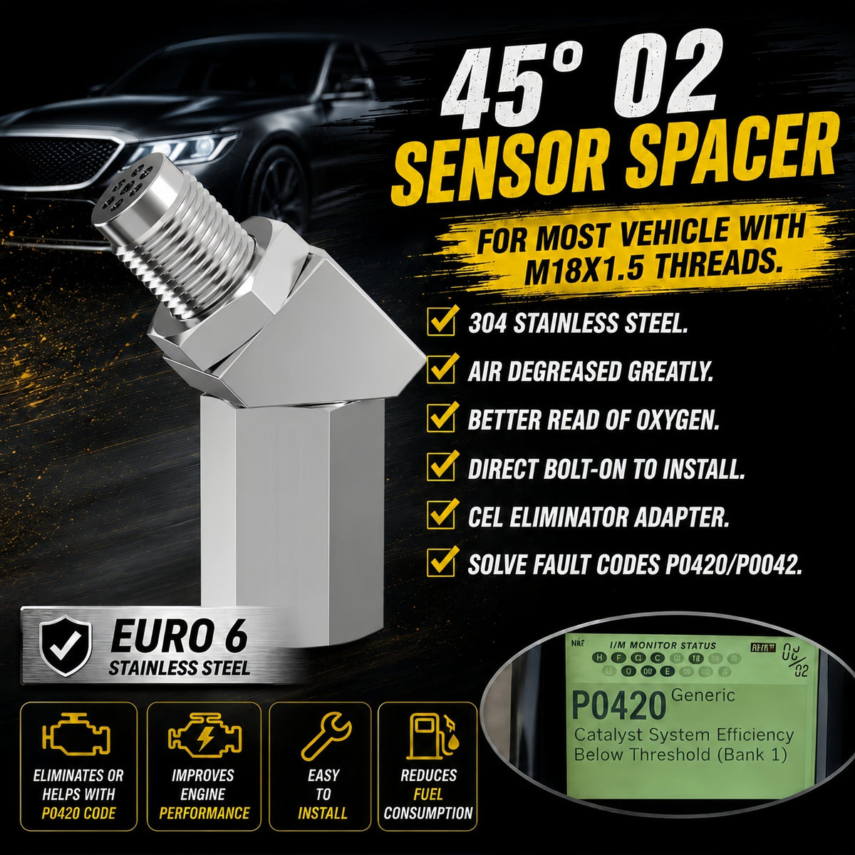 Mini Catalizador O2 Sensor Spacer CEL FIX P0420/P0042/P0430 Code Universal (45 Degree) - Mini Catalizador®